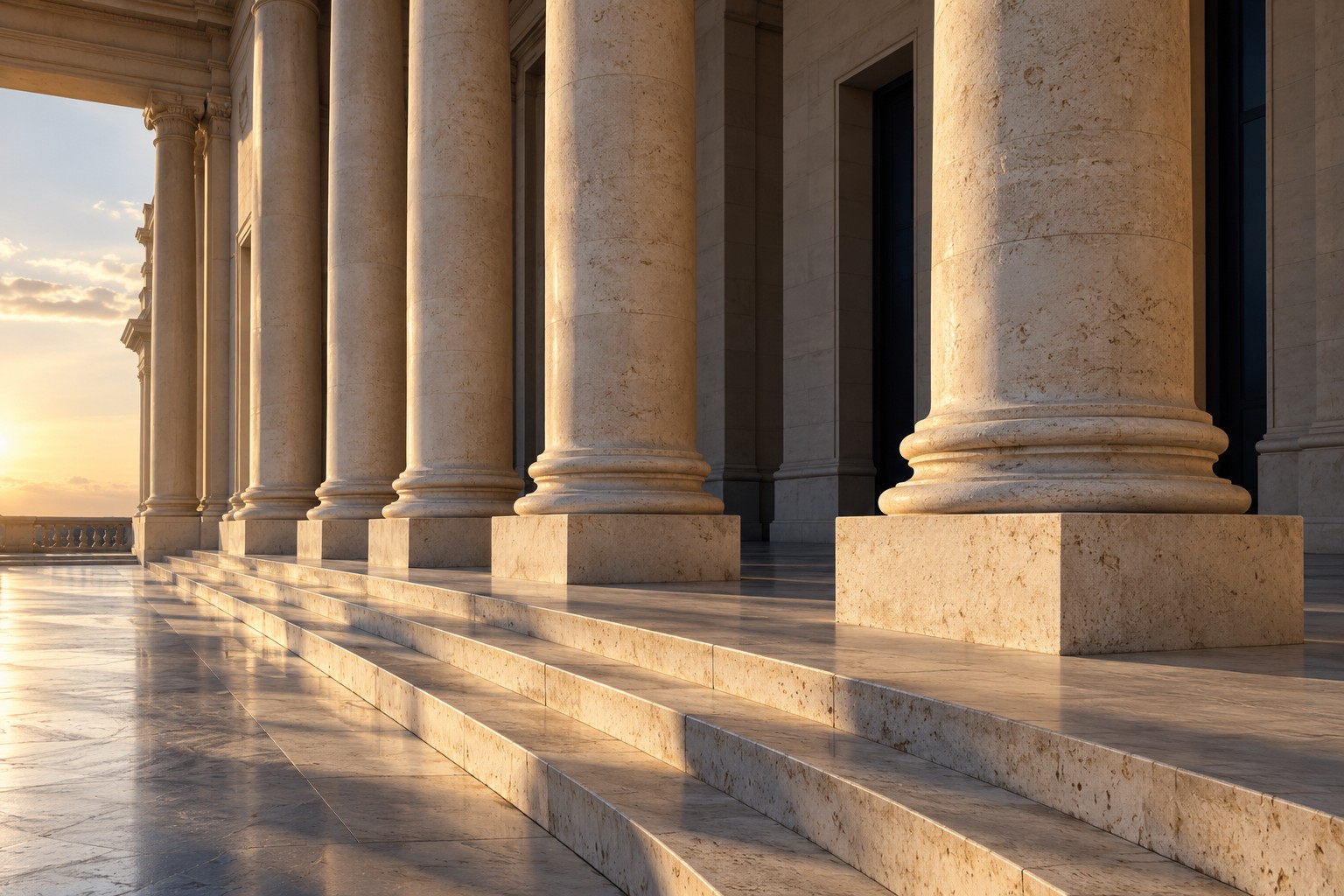 Sunlit limestone columns and architectural details
