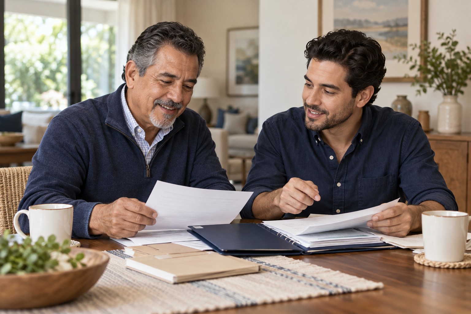 Father and adult son organizing household paperwork together