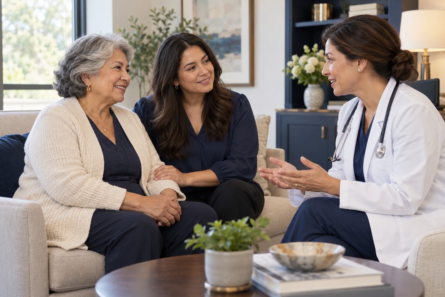 A woman and her daughter speaking with a physician