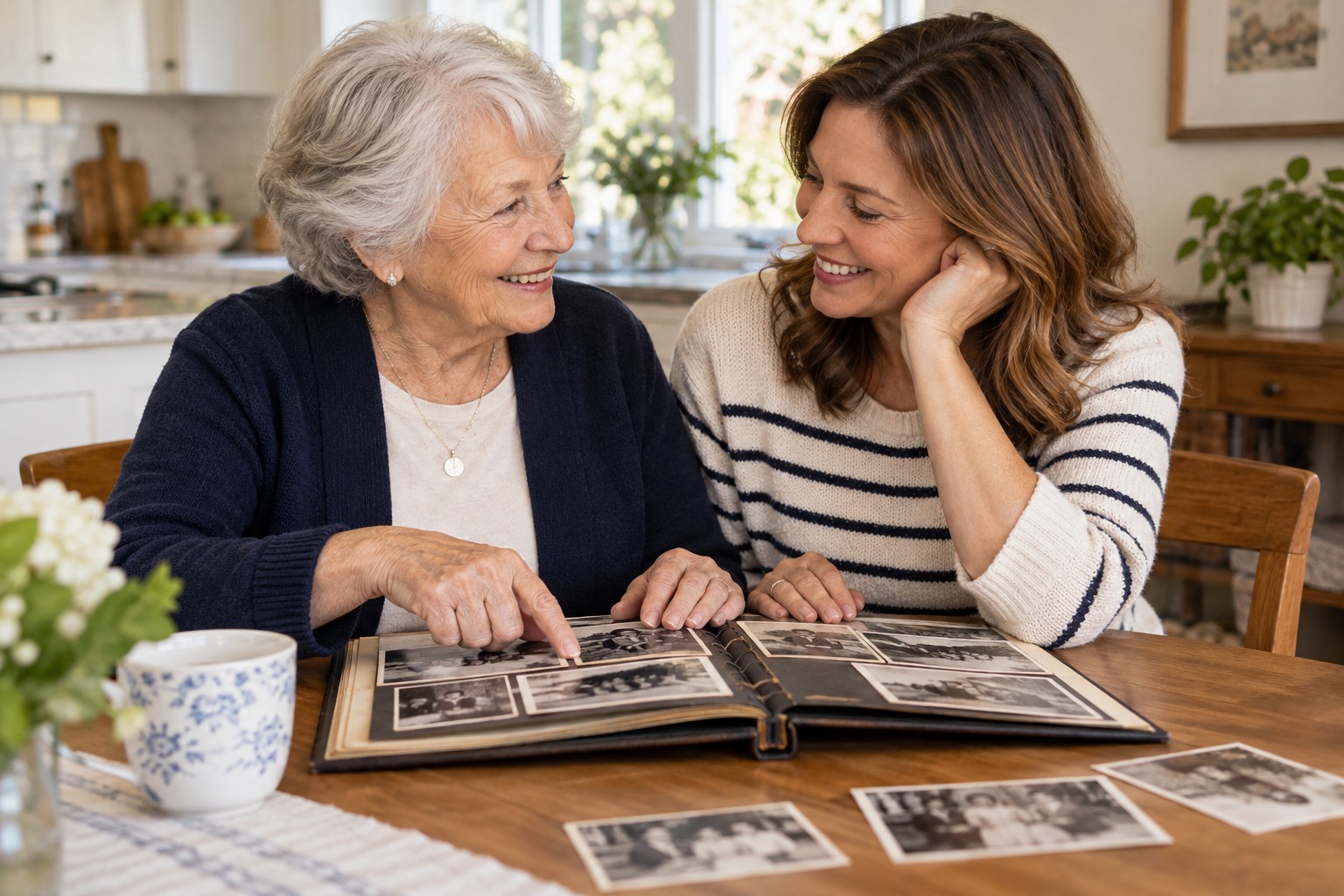 A grandmother and daughter sharing a family photo album