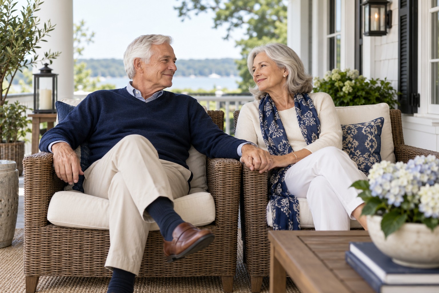 An older couple sharing a quiet moment on their porch