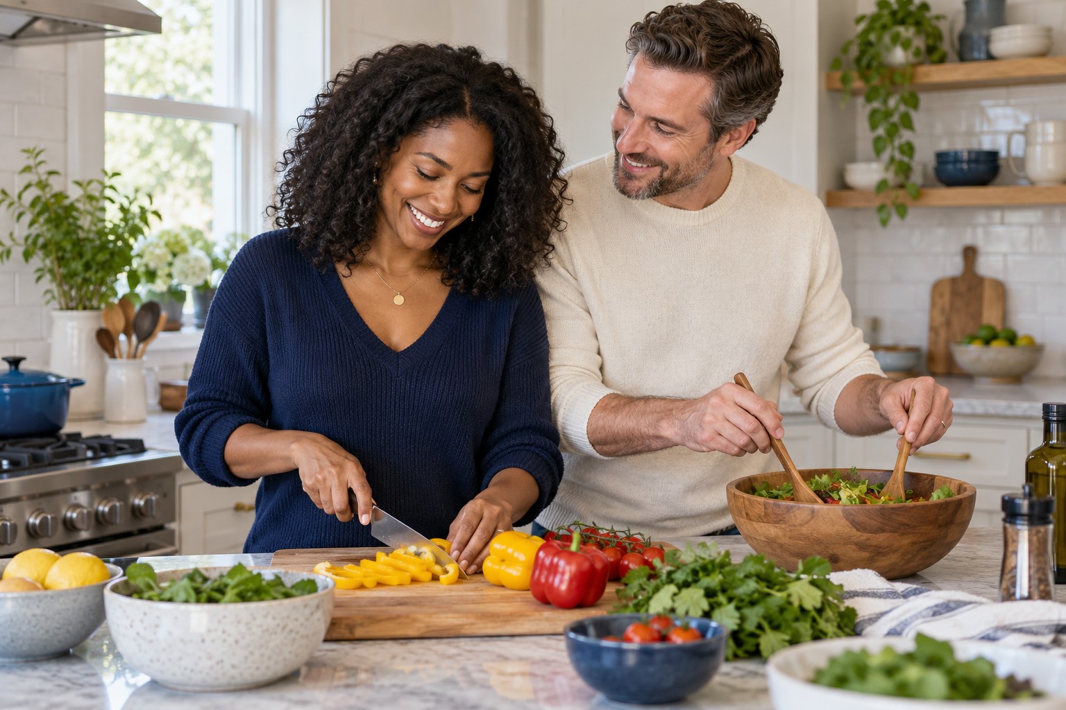 A couple preparing a meal together at home