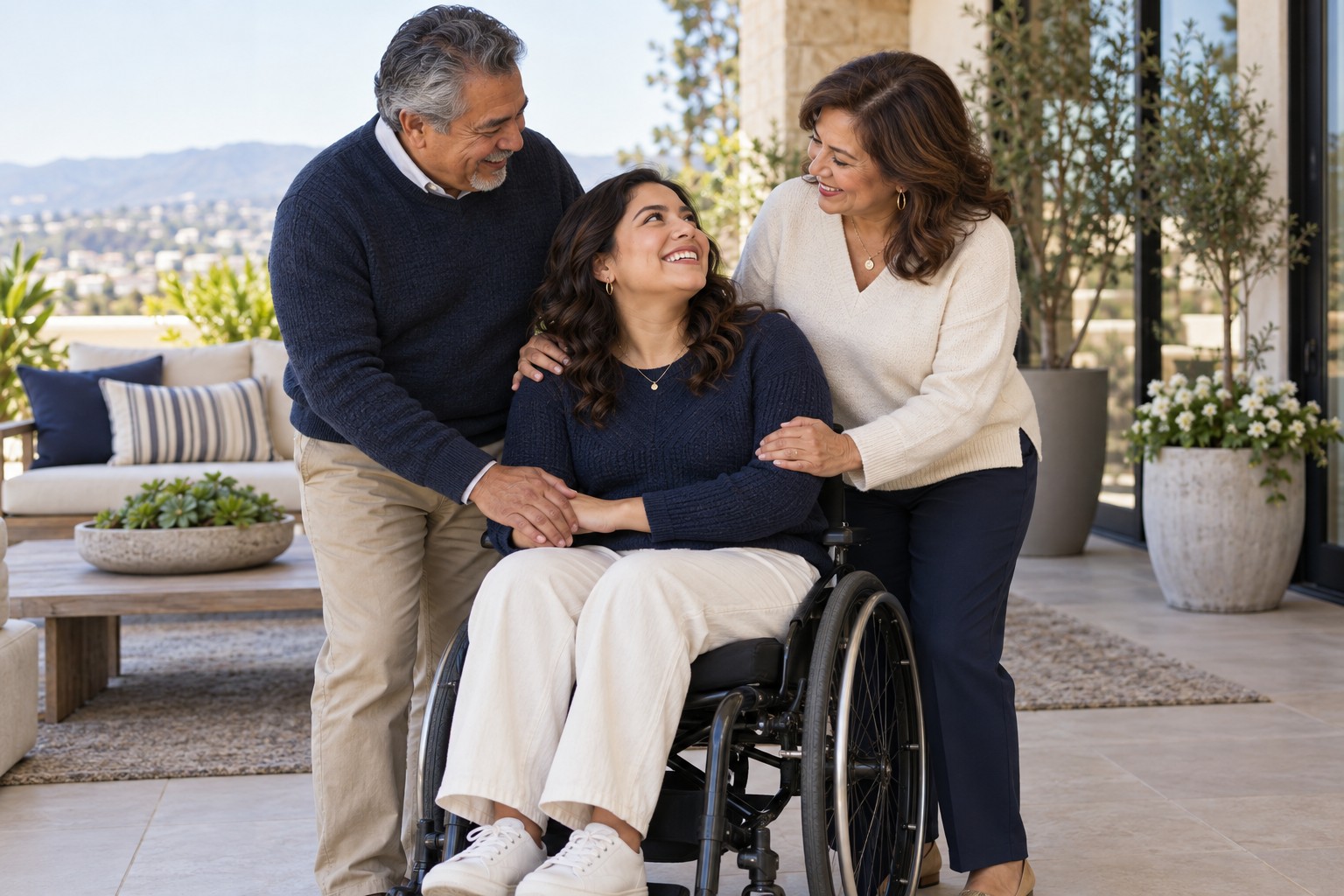 An adult wheelchair user spending time with her parents