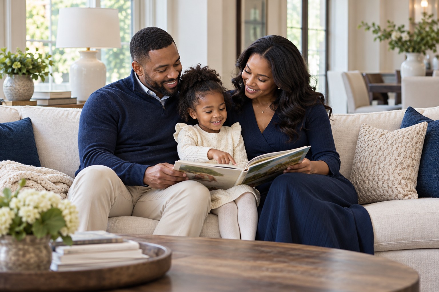 Parents and child reading together at home